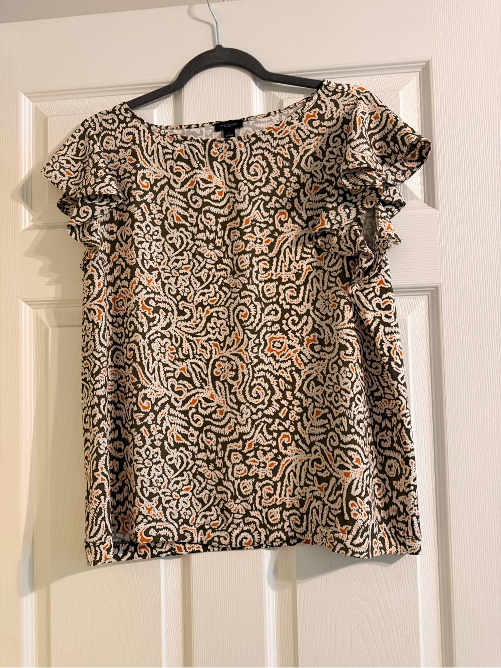 Ann Taylor Green, White & Orange Printed Ruffle Sleeve Top